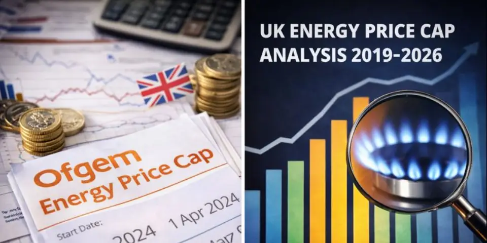 Chart showing UK energy price cap trends from 2019 to 2026 with highlighted crisis period and seasonal patterns