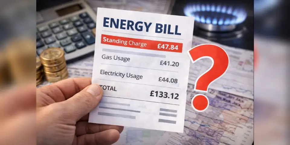 Confused newcomer reading their first UK energy bill showing standing charges and unit rates