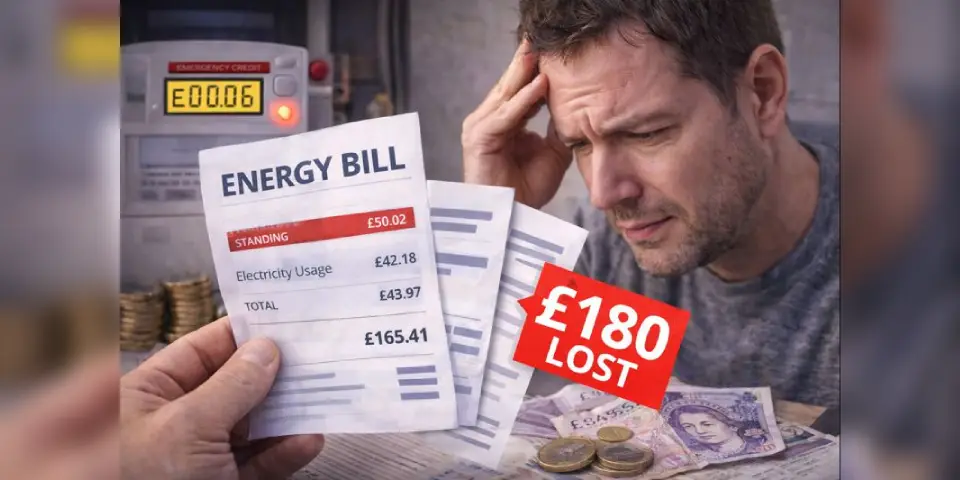 Confused newcomer reviewing UK energy bills showing unexpected charges from prepaid meter switching mistake